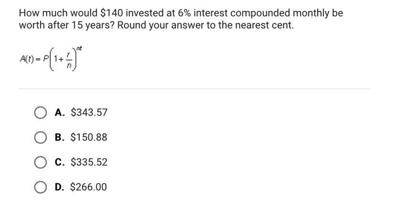 How much would $140 invested at 6% interest compounded monthly beworth after 15 years-example-1