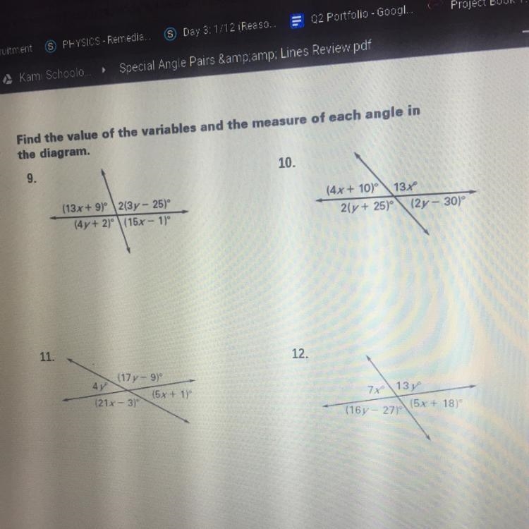 Find the value of the variables and the measure of each angle in the diagram-example-1