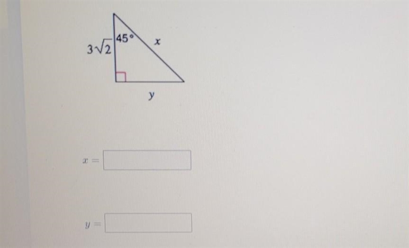 Given the special right angle, find the value of x and y. Express your answer in simplest-example-1