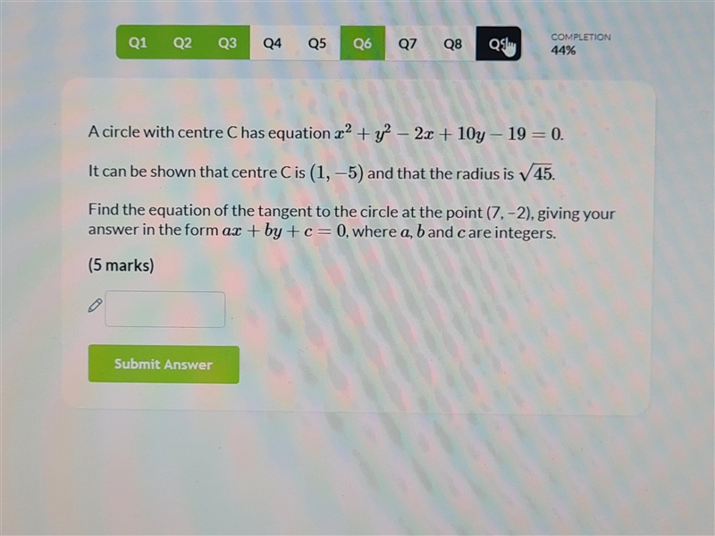 A circle with center C has equation x²+y²- 2x + 10y-19 = 0 It can be shown that center-example-1