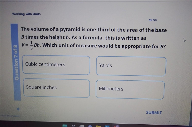 The volume of a pyramid is one-third of the area of the base B times the height h-example-1