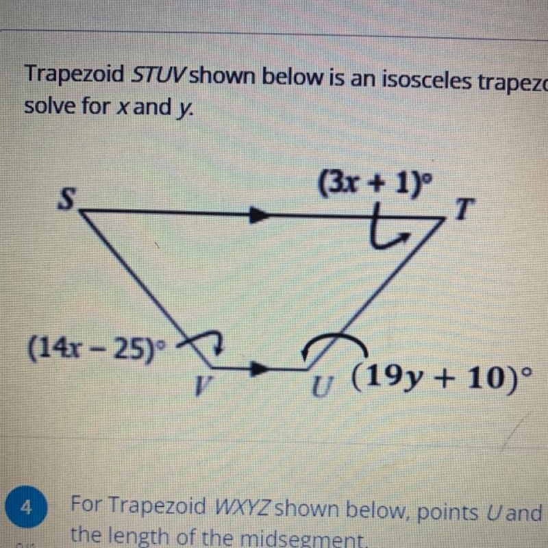 Trapezoid STUV shown below is an isosceles trapezoid. Use this to solve for x and-example-1