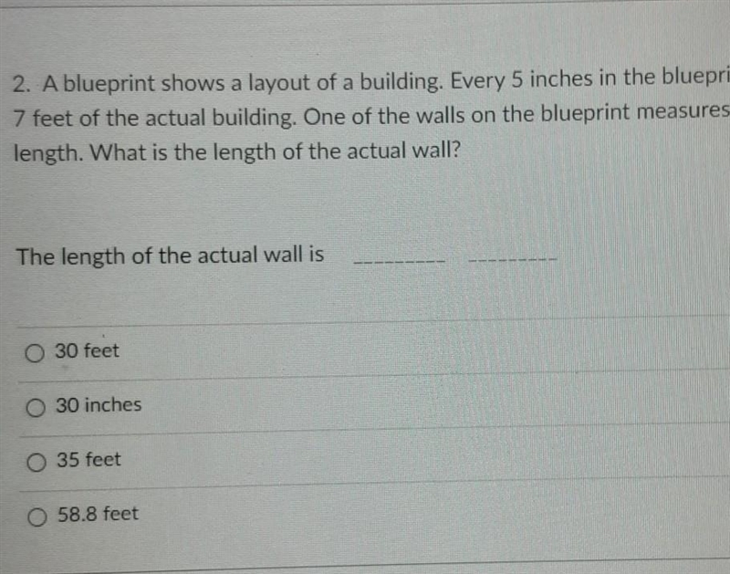 A blueprint shows a layout of a building. Every 5 inches in the blueprint represents-example-1