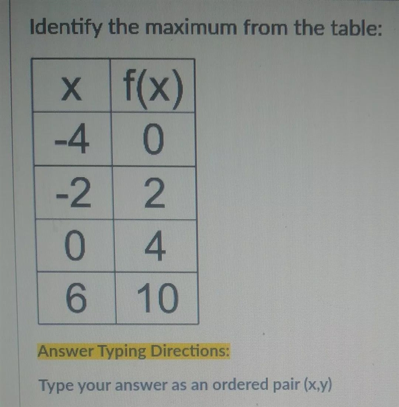 Identify the maximum from the table:Answer as an ordered pair (x,y)-example-1