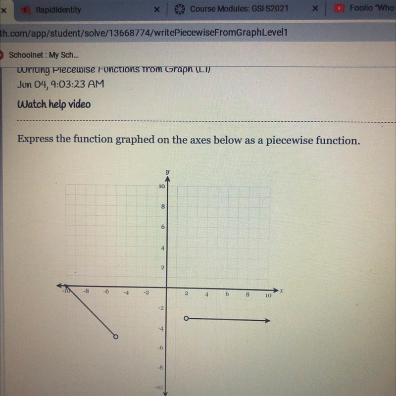 Express the function graphed on the axes below as a piecewise function.10864138DI-example-1