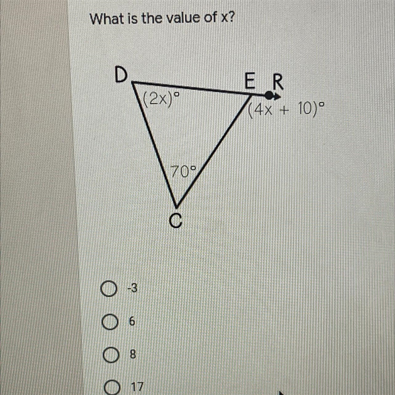 What is the value of x? D (2x) E R (4x + 10) V 700-example-1