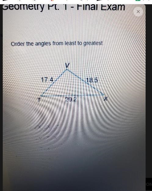 Order the angles from least to greatest. V 17.4 18.5 T 20.2 X-example-1