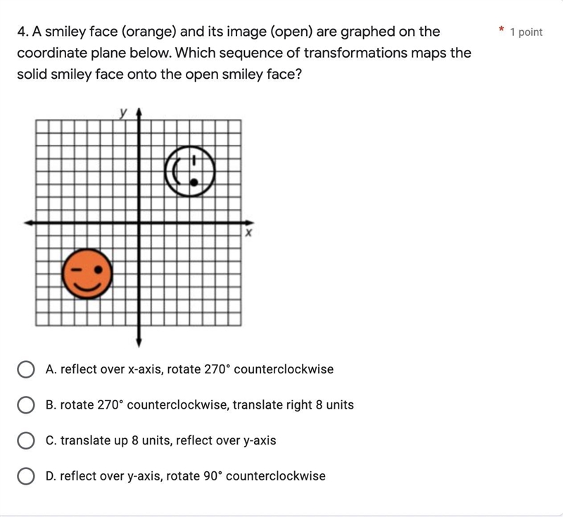 A smiley face (orange) and its image (open) are graphed on the coordinate plane below-example-1