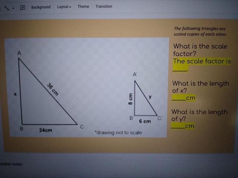 The following triangles are scaled copies of each other. What is the scale factor-example-1