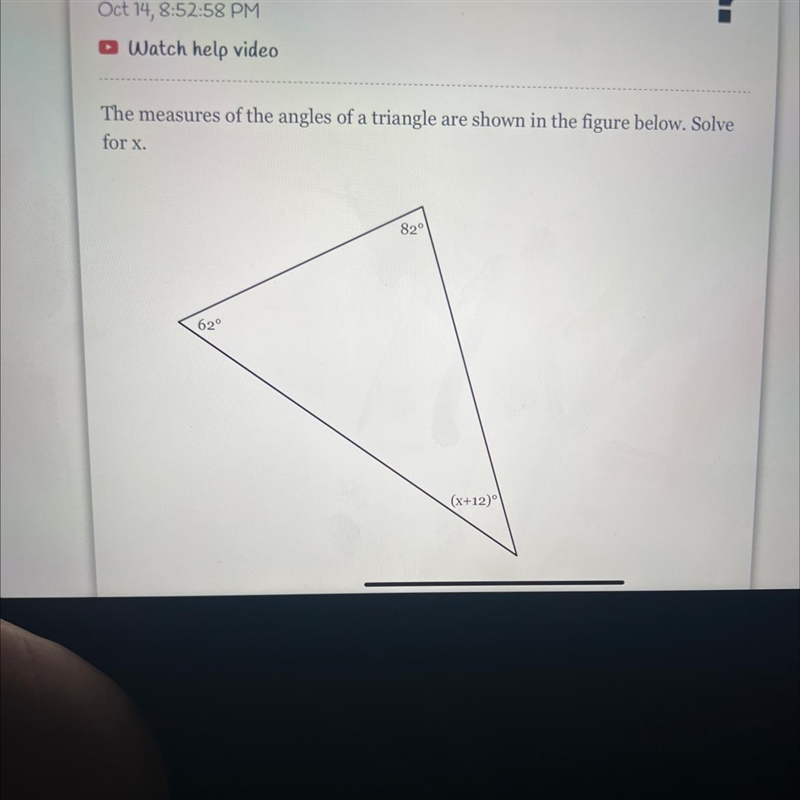 The measures of the angles of a triangle are shown in the figure below. Solve for-example-1