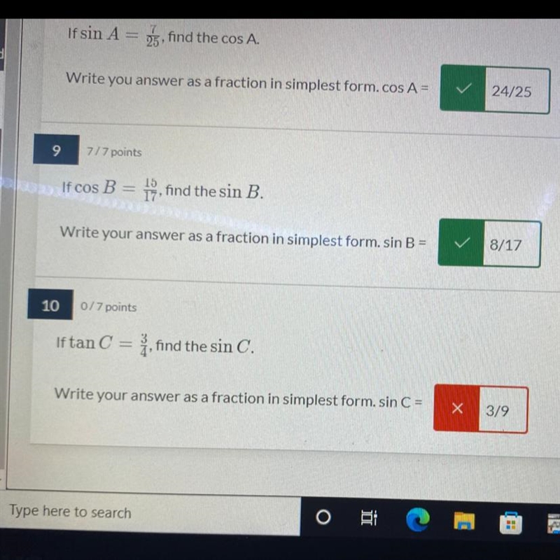 Need help on number 10 If tan C is 3/4, find the sin C.-example-1