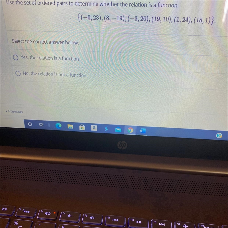 Use the set of ordered pairs to determine whether the relation is a function,{(-6,23), (8, -19), (-3, 20), (19, 10), (1, 24), (18,1)}.-example-1