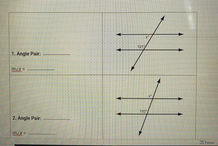 Please help me solve! Name both the angle pairs and find both the missing angle measure-example-1