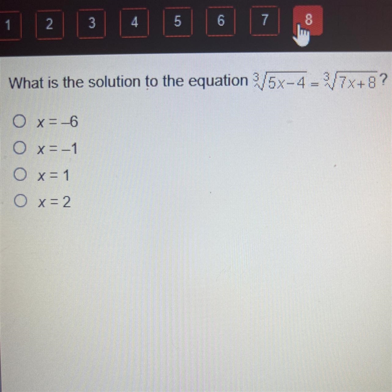 What is the solution to the equation 3 square root 5x-4 = 3 square root7x+8?-example-1