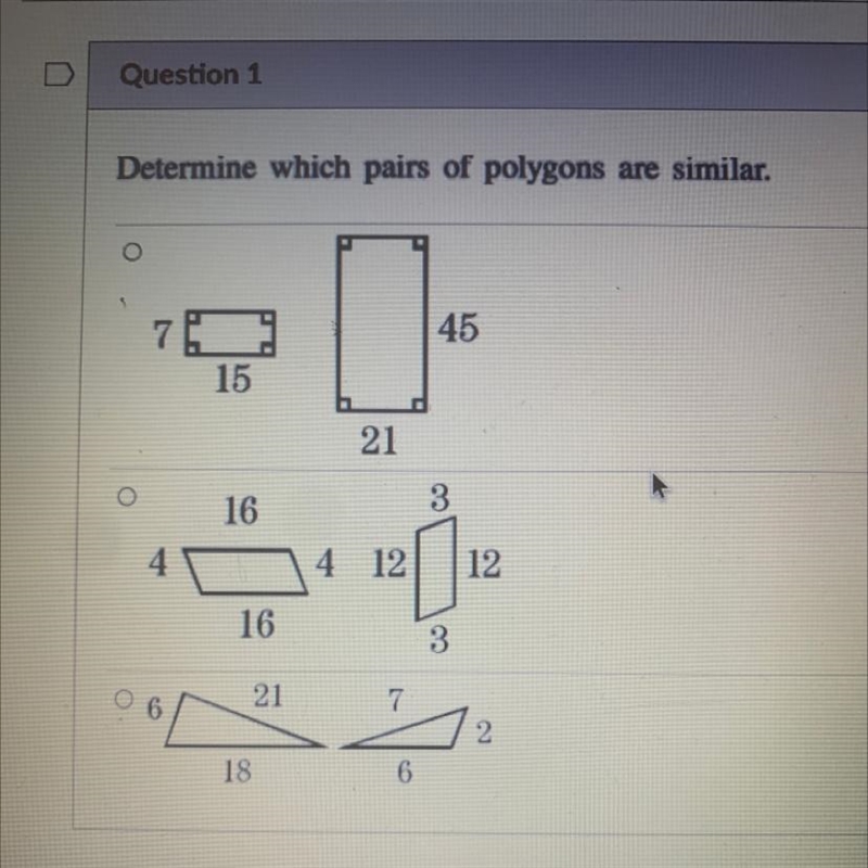 Question 1 Determine which pairs of polygons are similar.-example-1