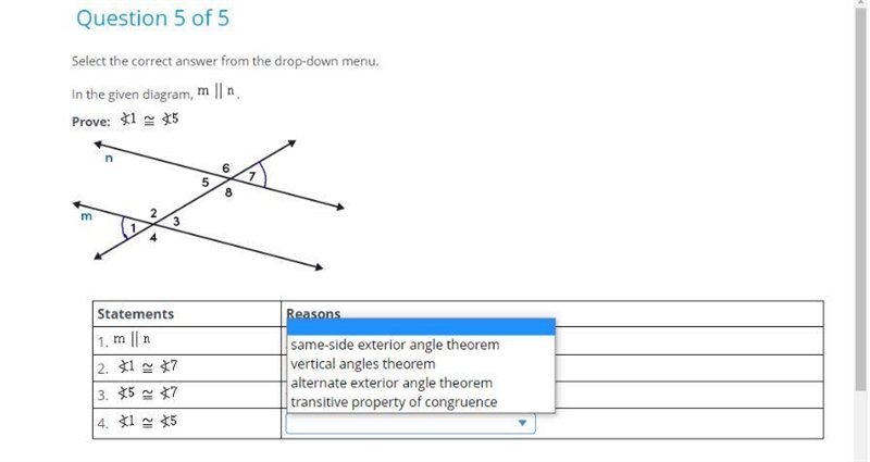 Select the correct answer from the drop-down menu.In the given diagram, .Prove: StatementsReasons-example-1