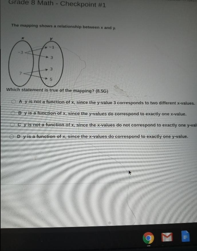 The mapping shows a relationship between x and y. -3 3 3 5 Which statement is true-example-1