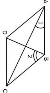 This shape is a Rhombus. What do you know about angle 1 and angle 2?-example-1