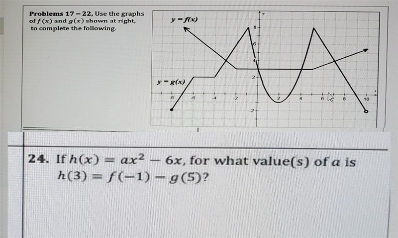 24. if h(x) = ax^2 -6x, for what value(s) of a is h(3) = f(-1) -g(5)?what is the answer-example-1