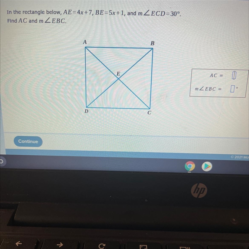 In the rectangle below A equals 4X plus 7V equals 5X +1 and M angle ECD equal 30°-example-1