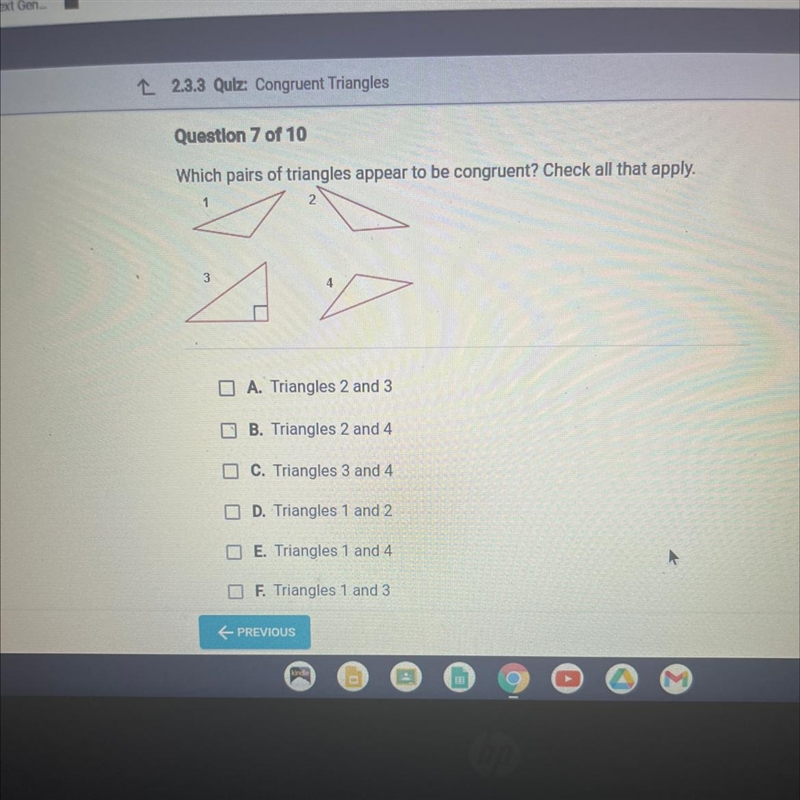 Which pairs of triangles appear to be congruent? Check all that apply. 1 2 3 A. Triangles-example-1