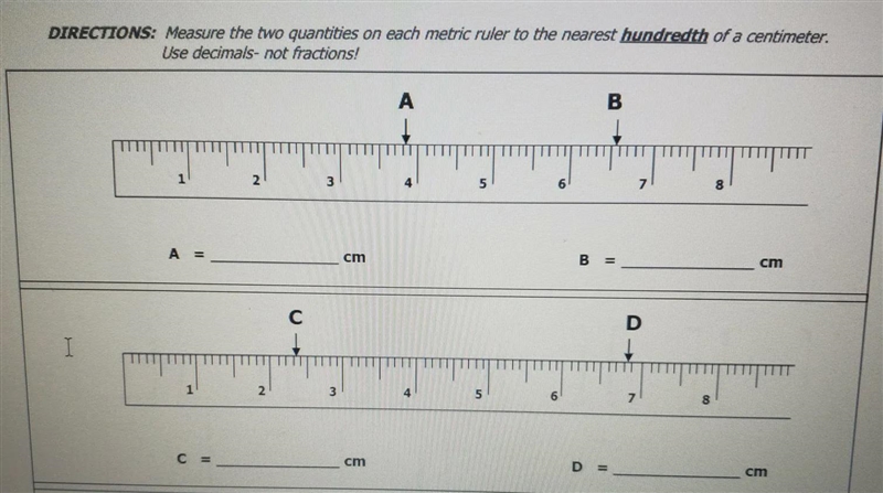 Measure the two quantities on each metric ruler to the nearest hundredth of a centimeter-example-1