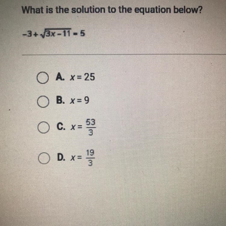 What is the solution to the equation below? -3 + square root 3x - 11 = 5-example-1