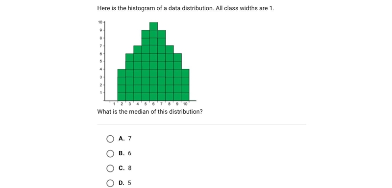 Here is the histogram of a data distribution. All class widths are 1.What is the median-example-1