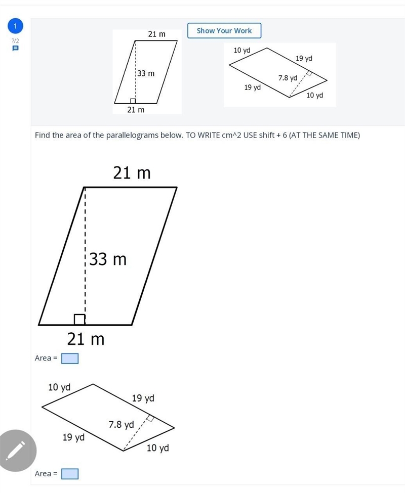 Find the area of the parallelograms below. 21m 33m 21m​-example-1