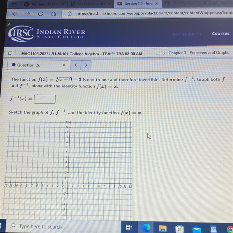 The function f(x) = + 9-3 is one-to-one and therefore invertible. Determine f1. Graph-example-1