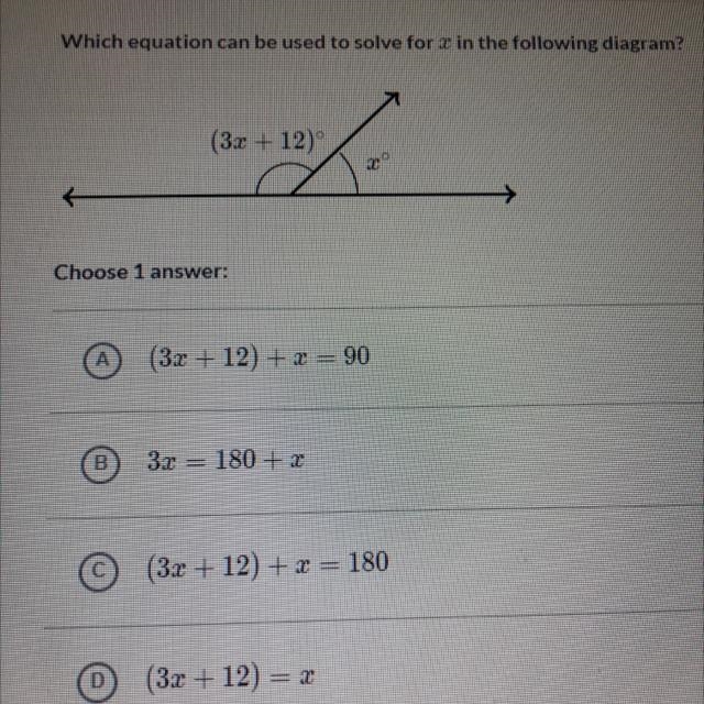 Which equation can be used to solve for x in the following diagram.-example-1