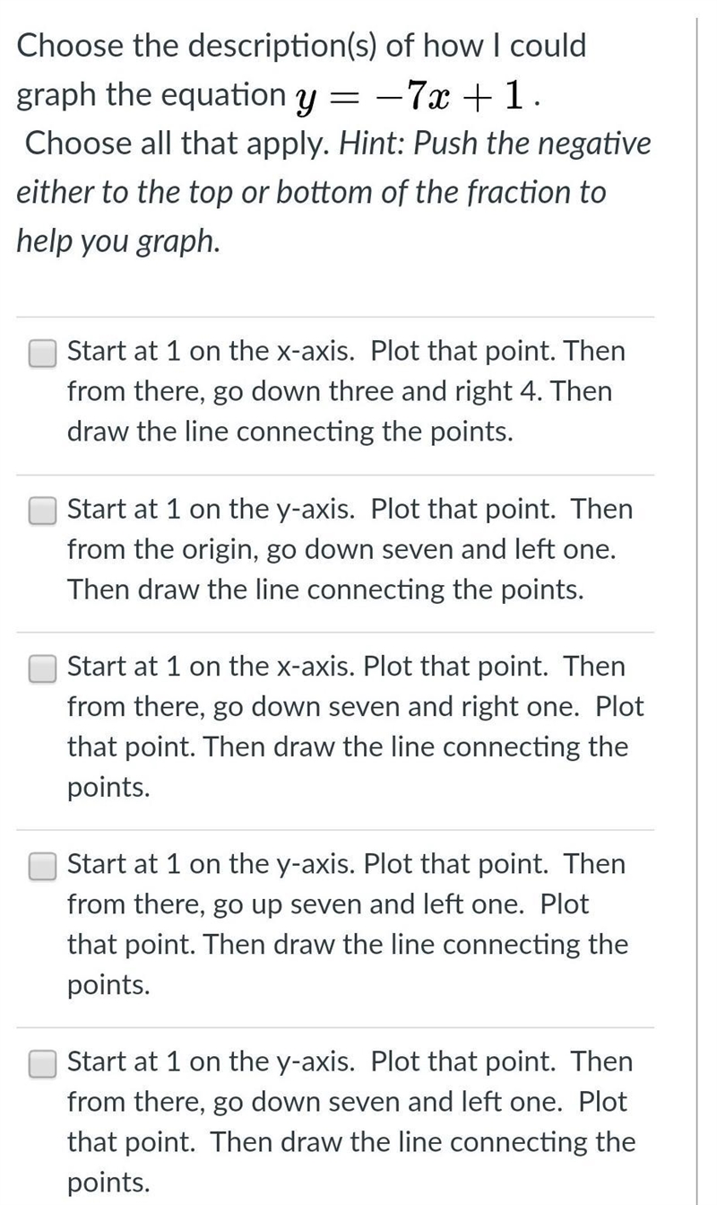 Choose the description(s) of how I could graph the equation y = − 7 x + 1 .  Choose-example-1