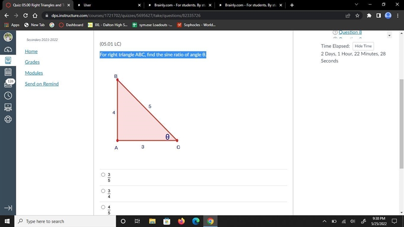 For right triangle ABC, find the sine ratio of angle θ.Opition - three fifthsthree-example-1