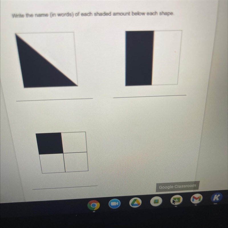 Write the name (in words) of each shaded amount below each shape.-example-1