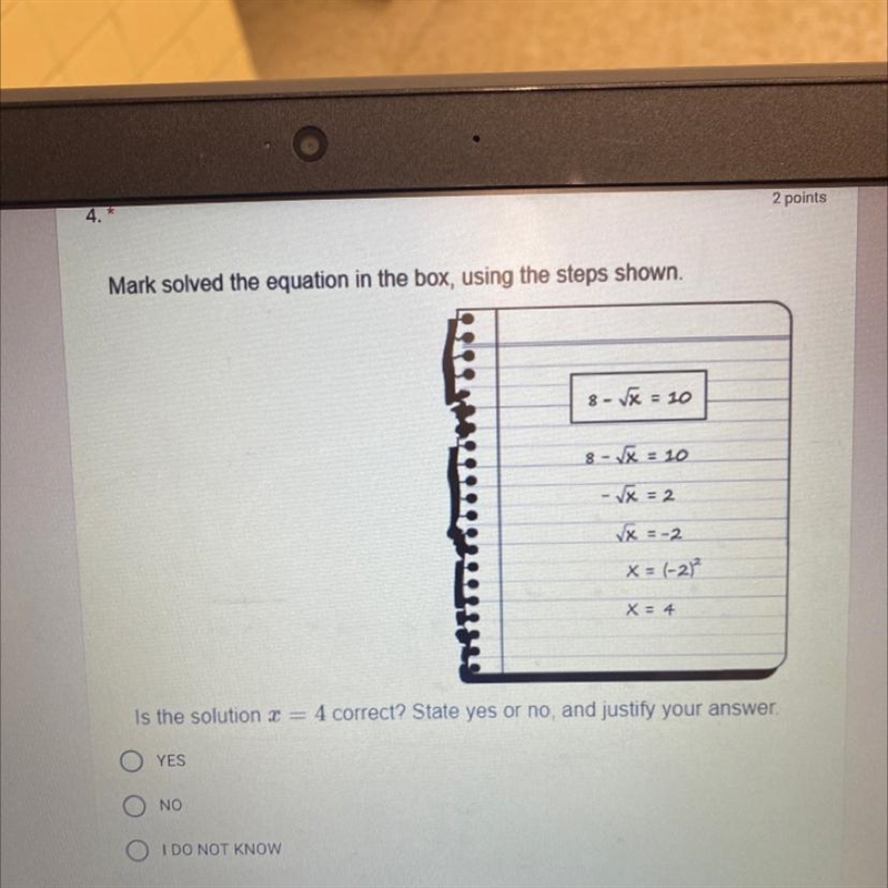 Mark solved the equation in the box, using the steps shown.8-√x = 108-√x = 10-√x = 2X-example-1