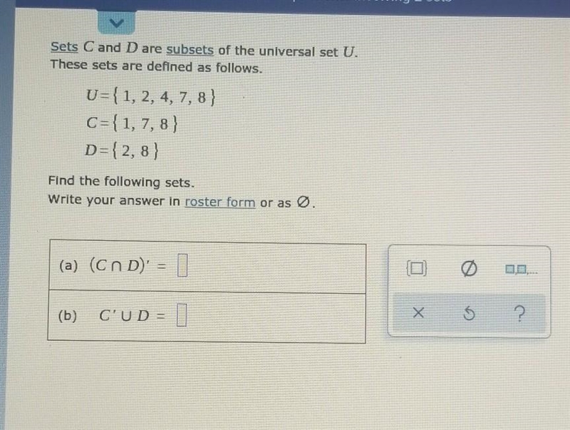 I need help with unions, intersections, and complements involving 2 sets-example-1