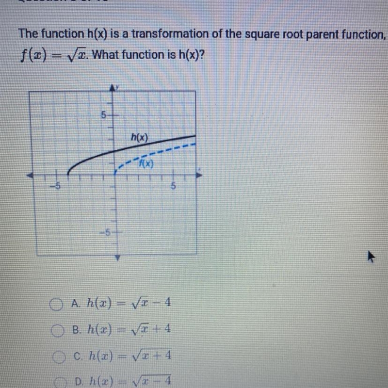 The function h(x) is a transformation of the square root parent function,f(x) = Vx-example-1