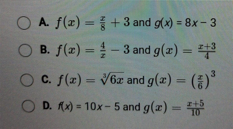 Which pair of functions are inverses of each other? ​-example-1