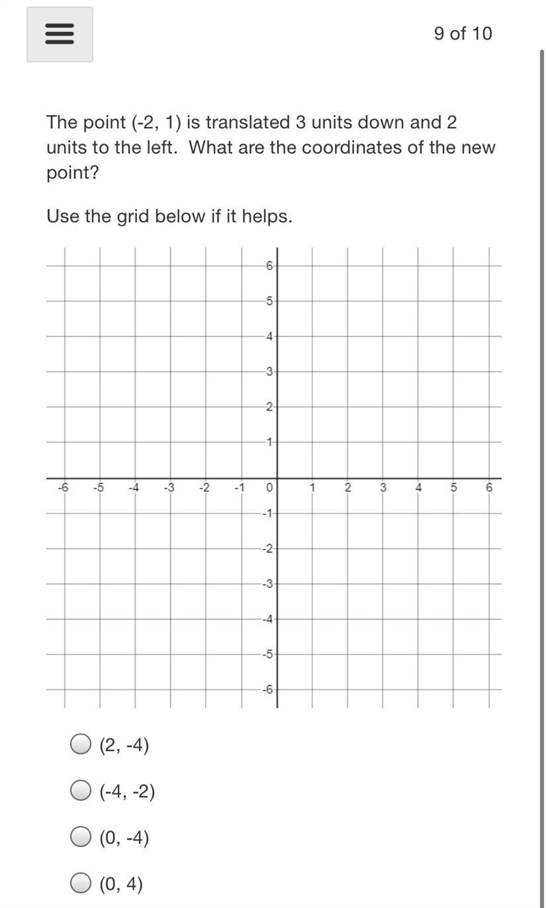 The point (-2, 1) is translated 3 units down and 2 units to the left. What are the-example-2