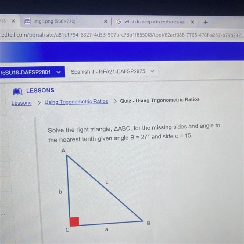 Solve the right triangle, AABC, for the missing sides and angle to the nearest tenth-example-1