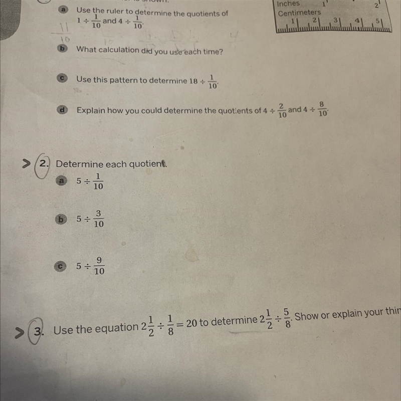 Use the ruler to determine the quotients of 1 divided 1/10 and 4 divided 1/10-example-1