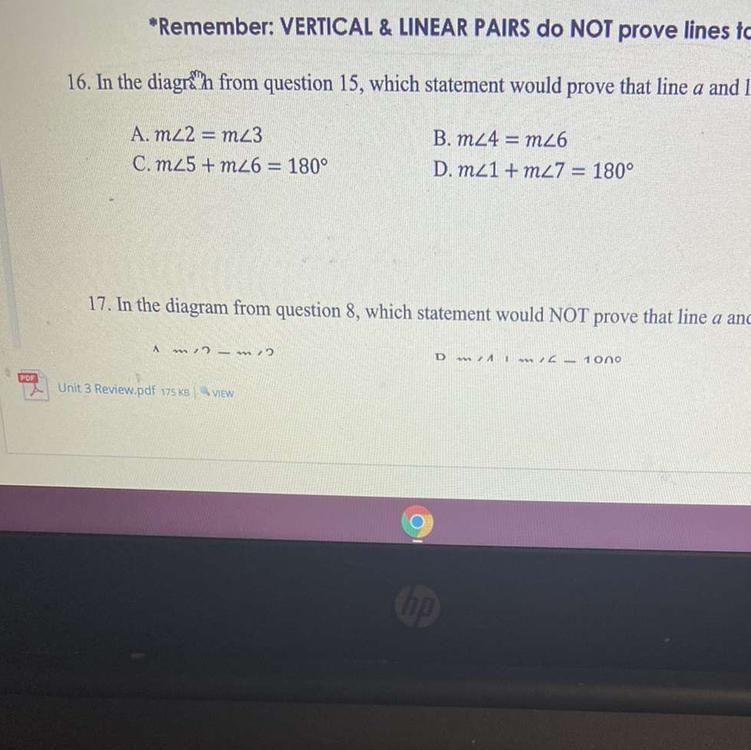 In the diagram from question 15, which statement would prove that line a and b are-example-1