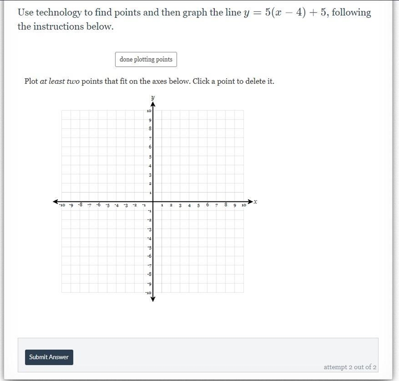 Use technology to find points and then graph the line y=5(x−4)+5, following the instructions-example-1