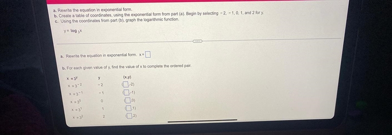 a. Rewrite the equation in exponential form.b. Create a table of coordinates, using-example-1