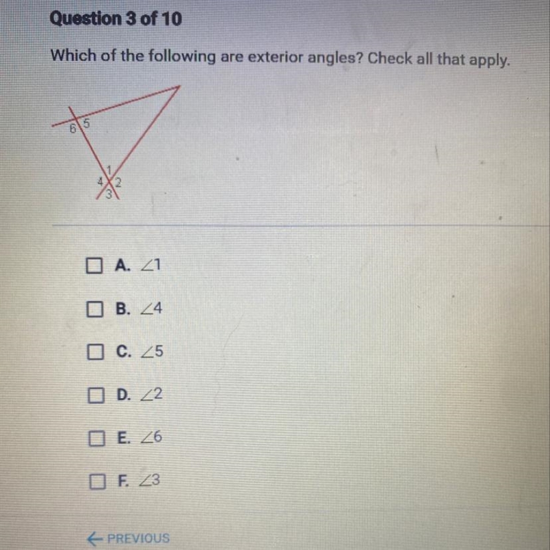 Question 3 of 10Which of the following are exterior angles? Check all that apply.-example-1