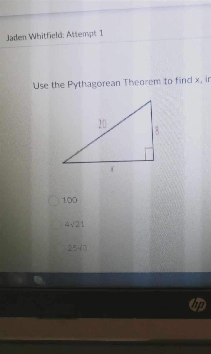 Use the Pythagorean Theorem to find x, in simplest radical form. 20-example-1