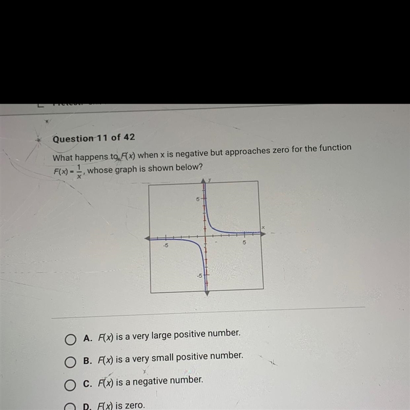 What happens to F(x) when x is negative but approaches zero for the functionF(x) = 1/x-example-1