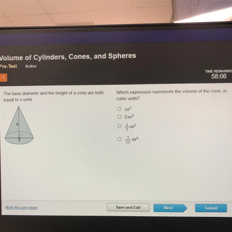 The base diameter and the height of a cone are both equal to x units Which expression-example-1