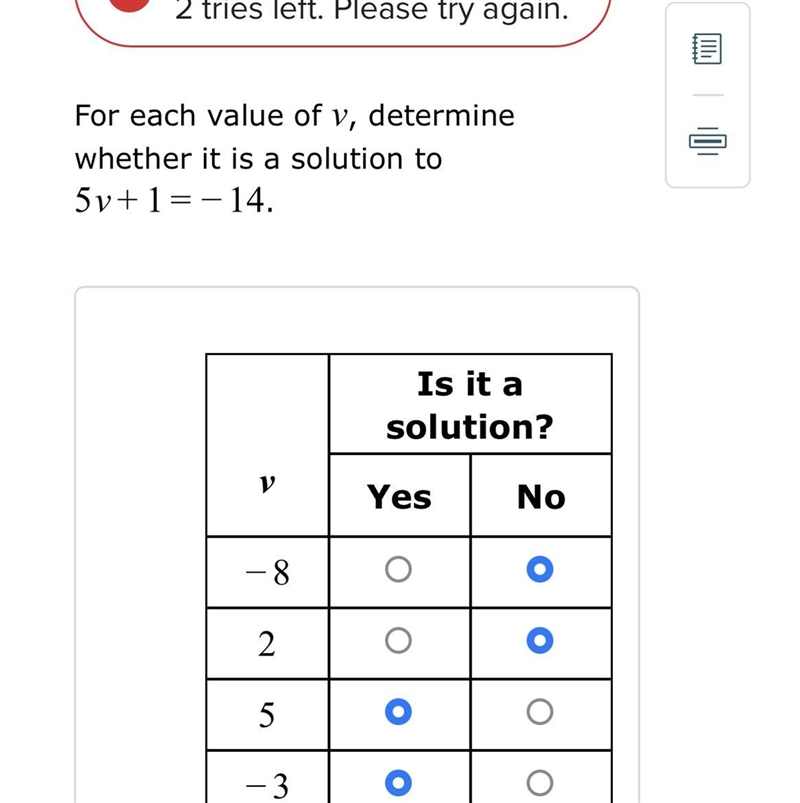 Please help!! For each value of v, determine whether it is a solution to 5v+1-14.-example-1