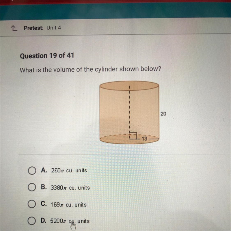 What is the volume of the cylinder shown below? A. 260x cu. units B. 3380x cu units-example-1